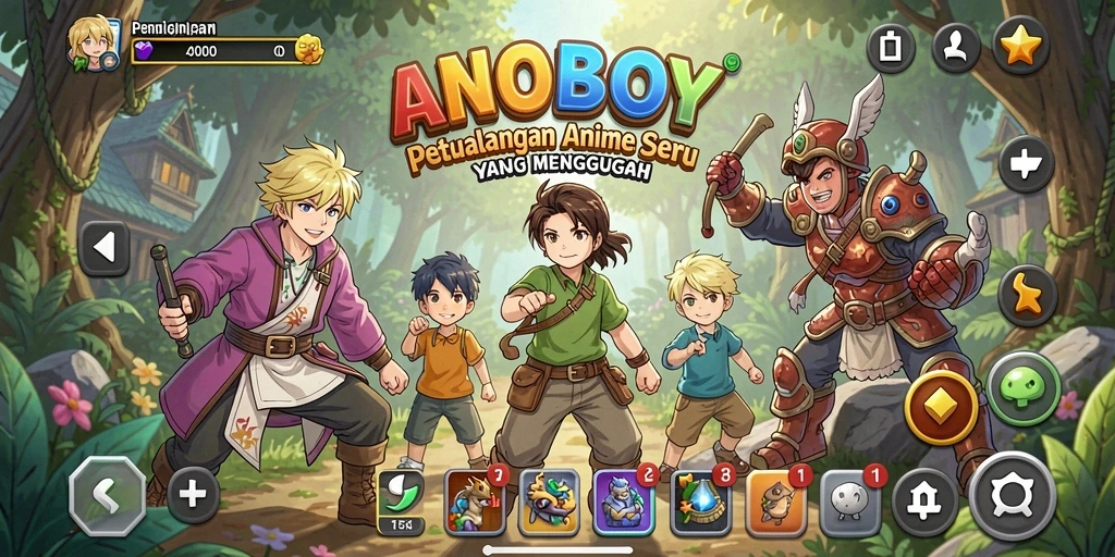 Screenshot gameplay ANOBOY dengan karakter anime yang dinamis.