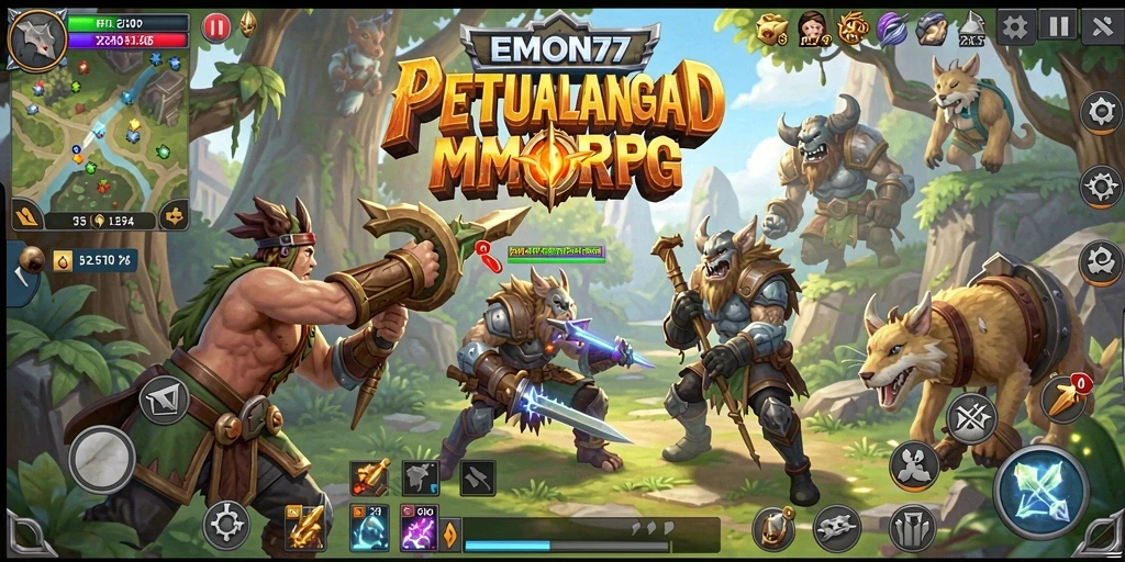 Gameplay seru dalam <strong>EMON77</strong> dengan pertarungan melawan monster.