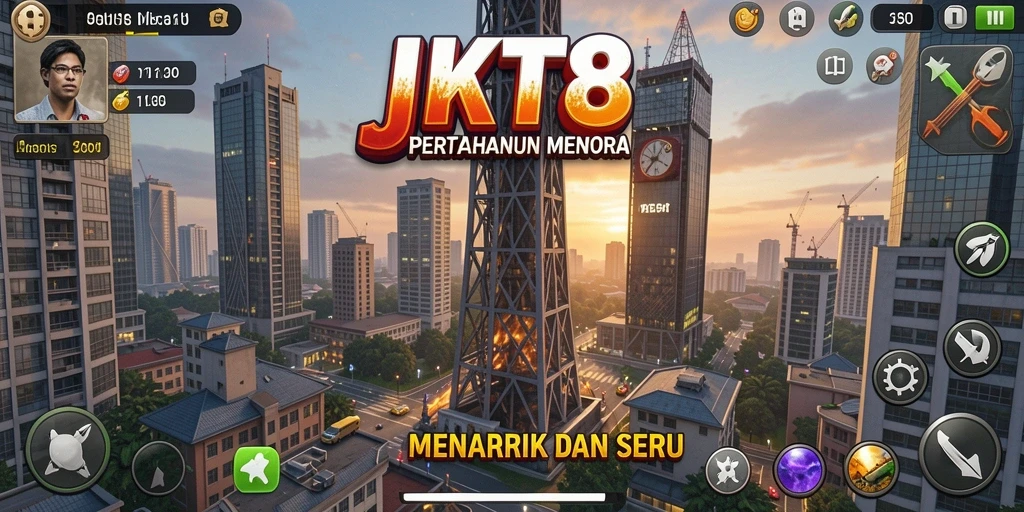 Tampilan gameplay JKT8 dengan beragam menara dan musuh menyerang.
