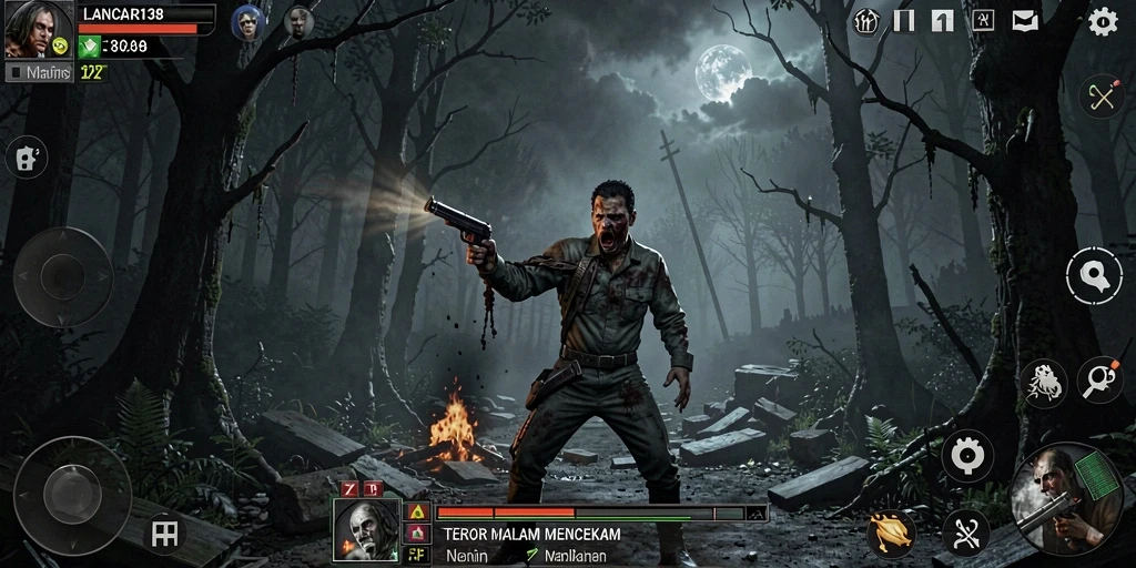 Tampilkan gameplay menyeramkan dalam suasana gelap.