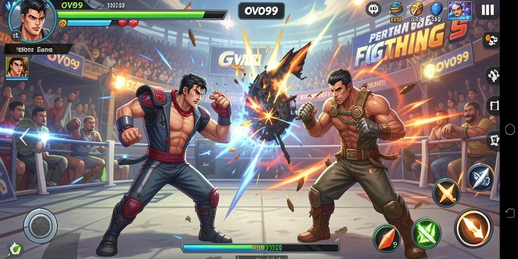 Tampilan menarik dari gameplay Fighting OVO99 saat pertarungan berlangsung.